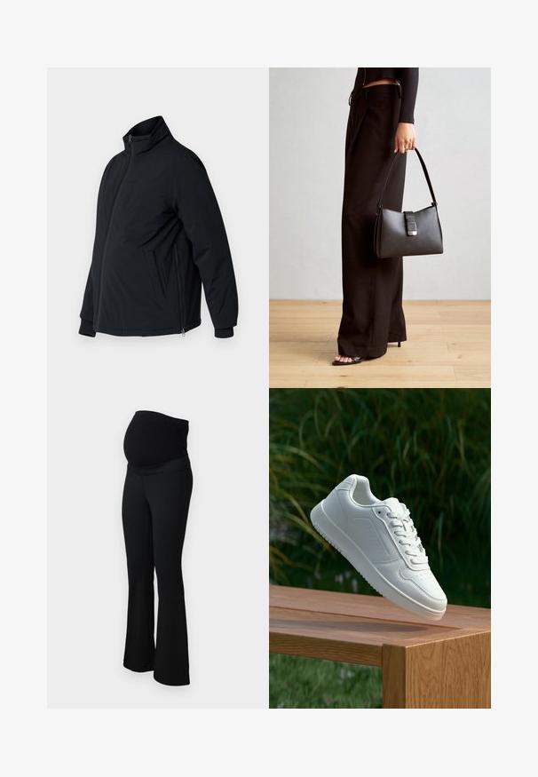 Casaco acolchoado preto com gola elevada, bolsos laterais e punhos elásticos. Apresenta fecho éclair à frente e textura suave.; Suéter branco, de malha, com gola alta, meia zip e punhos canelados. Projectado com um corte solto e fendas laterais para maior conforto.; ONLY MATERNITY OLMPAIGE - Calças - black; Sapatilha branca com um cabedal sintético liso, caixa dos dedos perfurada, atacadores planos e uma sola texturizada, exposta sobre uma superfície de madeira.; Bolsa preta com forma estruturada, textura suave e um fecho metálico. Combinada com calças largas pretas e sandálias de salto aberto sobre um chão de madeira.