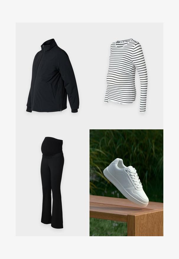 Crna podstavljena jakna s uspravnim ovratnikom, bočnim džepovima i elastičnim manžetama. Ima zatvarač sprijeda i glatku teksturu.; Dug čipkastih dugih rukava s crno-bijelim prugama, za trudnice, s okruglim izrezom i bočnim nabiranjem kako bi se prilagodio rastućem trbuhu. Mekana tkanina.; ONLY MATERNITY OLMPAIGE - Hlače - black; Bijela tenisica sa glatkim sintetičkim gornjim dijelom, perforiranim prednjim dijelom, ravnim vezicama i teksturiranom potplatom, prikazana na drvenoj površini.