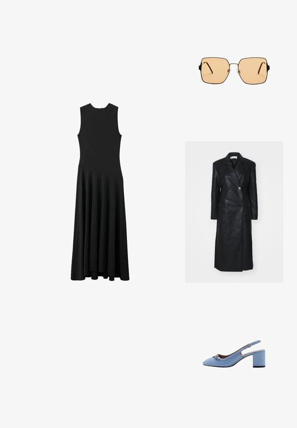 Črn usnjen plašč z dvojnim zapenjanjem, zareznimi ovratniki, sprednjimi žepi in gladko teksturo. Polne dolžine s pravim silhueto.; Črna brezrokavna maksi obleka s telesno oblikovanim korzetom in razširjeno krilo, ki ima gladko teksturo in minimalističen dizajn, brez vidnih zapiranj.; Mango Klasične pete - dark blue; Kvadratne sončna očala z rjavimi lečami in tankim črnim kovinskim okvirjem. Imajo poševne ušesne dele in nastavljive nosne blazinice za udobje.; Črna usnjena torba za ramo z gladko teksturo, ukrivljeno obliko in nastavljivim ročajem. Ima minimalno šivljenje in preprost dizajn.