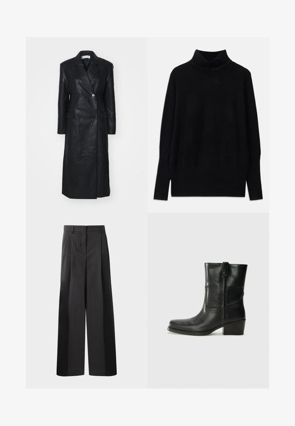 Schwarze Lederjacke mit doppeltreihigem Design, Reverskragen, Fronttaschen und einer glatten Textur. Vollständig in Länge und mit gerader Silhouette.; Schwarzer Rollkragenpullover aus weichem Stoff, mit gerippten Akzenten am Kragen und an den Bündchen, in lockerer Passform und mit seitlichen Schlitzen.; Schwarze, weit geschnittene Hose mit hoher Taille, versehen mit Frontfalten, einer glatten Textur und einem maßgeschneiderten Finish. Entworfen für eine lockere Passform.; Schwarze Leder-Ankle Boots mit runder Zehenform, Blockabsatz, seitlichem Reißverschluss und gestickten Akzenten auf dem Blatt. Glatte Textur, klassisches Design.