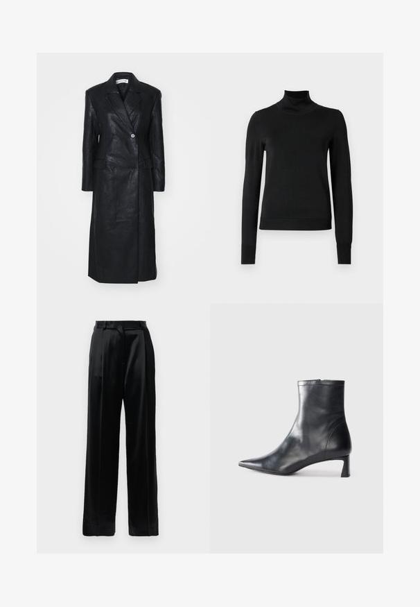 Juodasis odinis paltas su dvigubos segtuvų dizainu, įpjautomis apykaklėmis, priekinėmis kišenėmis ir lygi texture. Pilno ilgio su tiesia siluetu.; Juoda ilgomis rankovėmis turtleneko tipo megztinis su rebruotomis rankovėmis ir apačia, eksponuojamas ant paprasto balto fono.; Juodos satino kelnės su aukštu liemeniu, tiesiais plačiais kojais, diržo kilpomis ir plokščiu uždarymu prieš baltą fono.; Juodas odinis kulkšninis batas su smailiu pirštu ir elegantišku dizainu. Turi žemą kulną ir užtrauktuką gale. Lygi tekstūra.