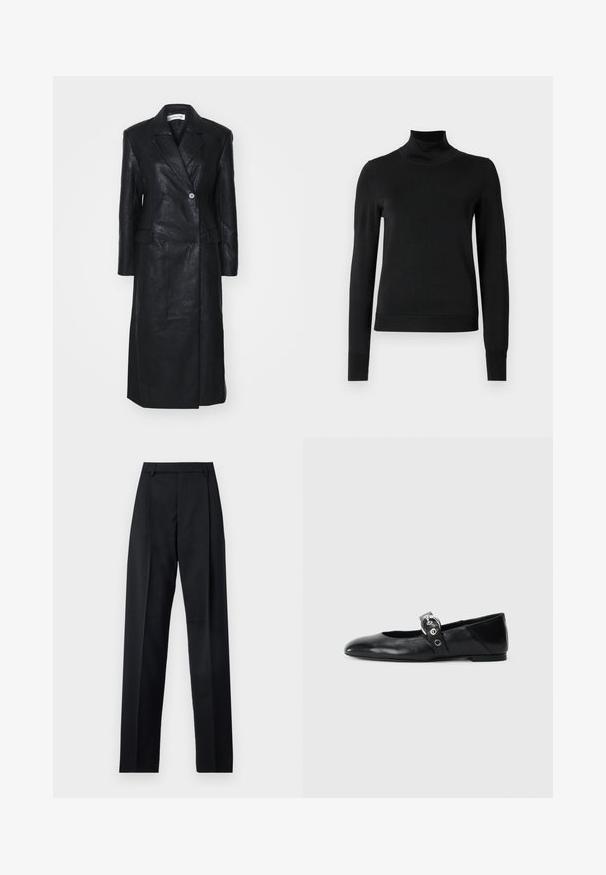 Schwarze Lederjacke mit doppeltreihigem Design, Reverskragen, Fronttaschen und einer glatten Textur. Vollständig in Länge und mit gerader Silhouette.; Schwarzer Langarmrollkragenpullover mit gerippten Bündchen und Saum, auf einem schlichten weißen Hintergrund präsentiert.; Schwarze Hosen aus glattem Stoff mit hoher Taille, weitem Bein, vorderen Falten und klassischen Gürtelschlaufen. Keine sichtbaren Seitentaschen.; Schwarze Ballettflat mit spitzer Spitze, ausgestattet mit einem Riemen und einer runden, metallischen Schnalle sowie einer flachen Sohle.