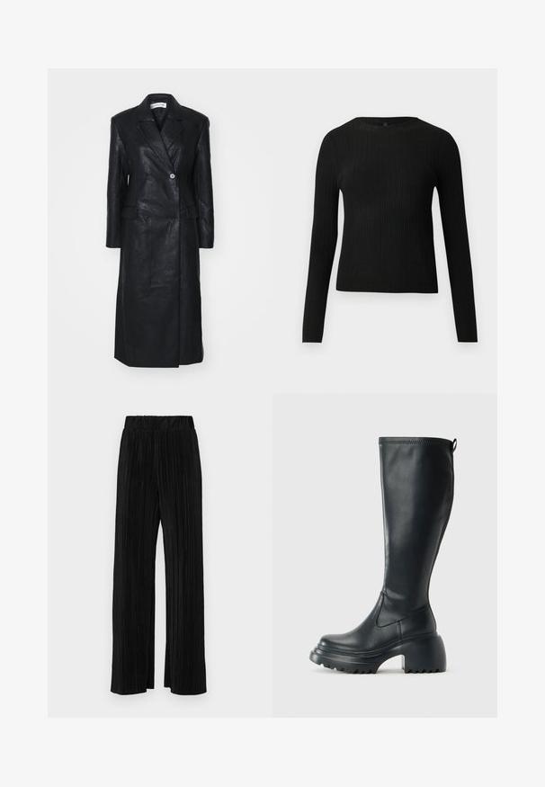 Svart läderjacka med dubbelknäppt design, noterade slag, framfickor och en mjuk textur. Hel längd med en rak silhuett.; Svart ribbad långärmad åtsittande tröja med rund halsringning, visad mot en enkel ljus bakgrund.; Svarta plisserade byxor med resårmidja. Har vida ben och ett mjukt, texturerat material med vertikala ränder.; Höga svarta läderstövlar med kraftig plattformssula och blockklack, med dragflik och strukturerat mönster på yttersulan.