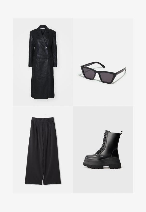 Black leather coat with double-breasted design, notched lapels, front pockets, and a smooth texture. Full-length with a straight silhouette.; Black long-sleeve sheer lace top with floral pattern and a high neckline featuring a small ruffle trim.; Black wide-leg trousers with pleats, belt loops, and side pockets, laid flat on a white background.; Black lace-up ankle boots with a chunky platform sole, smooth leather finish, and pull tab. Features eight eyelets and textured sole.; Black, angular sunglasses with gray lenses; made of plastic, featuring thick arms with a smooth surface and no visible hardware.; Black scarf made of a soft, textured fabric. Features frayed edges and a rectangular shape, suitable for draping around the neck.