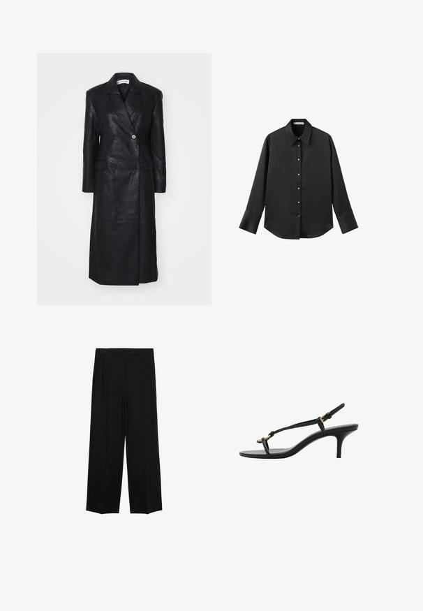 Geacă din piele neagră cu design cu două rânduri de nasturi, rever cu colțuri, buzunare frontale și o textură fină. De lungime întreagă, cu o siluetă dreaptă.; Cămașă neagră cu mâneci lungi dintr-un material neted, având un guler clasic, închidere frontală cu butoane aurii și manșete late.; Pantaloni negri cu croială largă dintr-un material neted, cu pliseuri în față și buzunare laterale, concepuți cu o croială dreaptă și relaxată.; Sandal cu toc kitten din piele neagră, cu curele subțiri, cataramă aurie și buclă minimalistă pentru degetele de la picioare, pe un fundal alb.