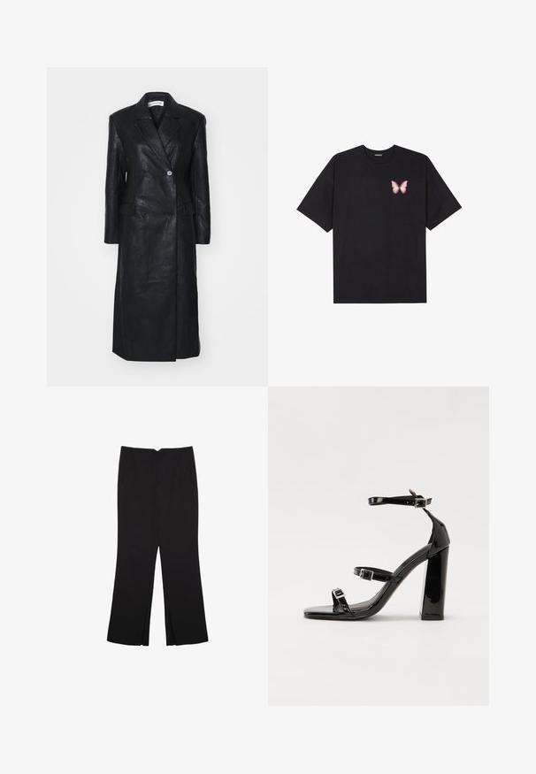 Schwarze Lederjacke mit doppeltreihigem Design, Reverskragen, Fronttaschen und einer glatten Textur. Vollständig in Länge und mit gerader Silhouette.; Schwarzes Baumwoll-T-Shirt mit kurzen Ärmeln, das ein kleines pinkes Schmetterlingsmotiv auf der linken Brust zeigt. Crewneck-Design mit einem entspannten Schnitt.; Schwarze Hose mit geradem Schnitt, ausgestattet mit Fronttaschen und Seitenschlitzen am Saum. Hergestellt aus weichem, glattem Stoff. Geeignet für verschiedene Anlässe.; Schwarze Lackleder-Sandalen mit hohen Absätzen, zwei Riemen mit Schnallen, quadratischer Zehenpartie und klobigem Blockabsatz, mit einer glatten, glänzenden Textur.