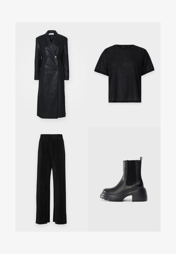 Black leather coat with double-breasted design, notched lapels, front pockets, and a smooth texture. Full-length with a straight silhouette.; Black short-sleeve t-shirt with a relaxed fit, featuring a smooth texture and a crew neckline. Lightweight fabric with a subtle sheen.; Black pleated trousers with an elastic waistband. Features wide legs and a smooth, textured fabric with vertical stripes.; Black leather ankle boots with elastic side panels, thick chunky sole, and textured grip detailing on the outsole. Minimalist design.