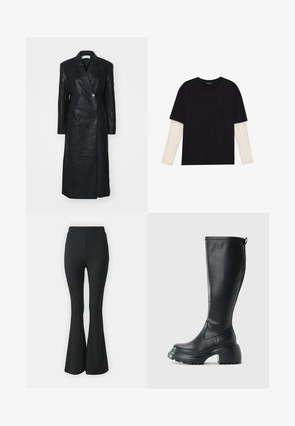 Zwarte leren jas met een dubbele knopenontwerp, ingerichte revers, voorkleurzakken en een soepele textuur. Volledige lengte met een rechte silhouet.; Zwarte T-shirt van katoen, met korte mouwen over een witte lange mouw laag met een subtiel textuurpatroon. Ronde hals ontwerp.; Zwarte flared broeken van rekbare stof. Heeft een hoge tailleband en een gladde, aansluitende pasvorm die vanaf de knie uitloopt.; Hoge zwarte leren laars met een chunky plateauzool en blokhak, voorzien van een trekband en een gestructureerd profiel op de buitenzool.