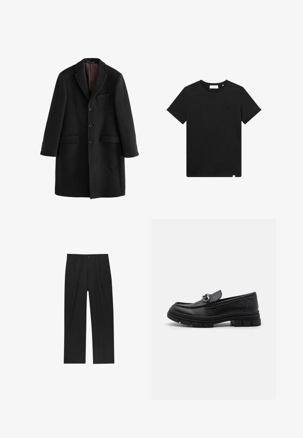 Czarny wełniany płaszcz o skoszonym kołnierzu, jednoprzodowy fason, dwa przednie kieszenie oraz guziki na rękawach.; Czarna koszulka z krótkim rękawem wykonana z bawełny, z okrągłym dekoltem i małym logo haftowanym na piersi. Gładka tekstura, standardowy krój.; Czarne spodnie o prostym kroju, wykonane z gładkiego materiału. Posiadają zakładki z przodu i pojedyncze zapięcie na guziki w pasie.; Czarne skórzane półbuty z okrągłym noskiem, dekoracyjnym paskiem i elementami metalowymi oraz grubą, fakturowaną podeszwą. Gładkie wykończenie z subtelnymi detalami.