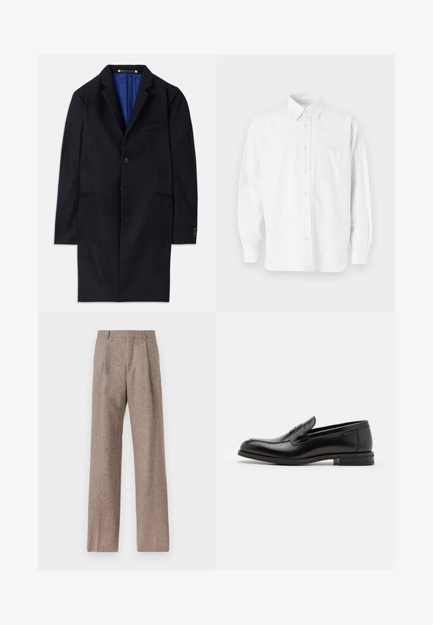 Abrigo de lana marino con cierre de un solo botón, solapas con muesca y dos bolsillos laterales. Cuenta con un forro interior azul y detalles de costura mínimos.; Camisa blanca de botones con cuello, con sutiles rayas verticales, mangas largas, un bolsillo en el pecho y un dobladillo redondeado clásico.; Pantalones marrones de cintura alta hechos de una tela texturizada. Presentan piernas anchas y dos pliegues frontales para dar estructura. Acabado limpio sin hardware visible.; Mocasines de cuero negro con una textura suave, puntera redondeada y una tira decorativa en el empeine. Tacón bajo apilado, diseño minimalista.
