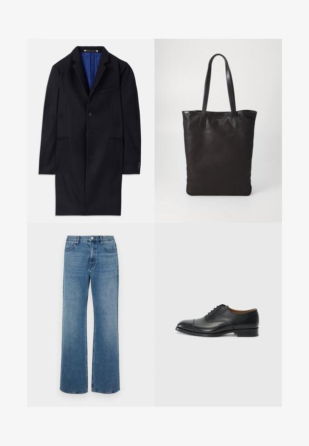 Navy uld frakke med en enkelt knaplukning, med slag og to sidelommer. Har en blå indvendig foring og minimale sømdetaljer.; Hvid skjorte med knapper og krave, prydet med diskrete lodrette striber, lange ærmer, en brystlomme og klassisk rundet kant.; Bredde ben blå jeans lavet af denim med en falmet finish. Har fem lommer, en frontknaplukning og en lige pasform.; Sort lædersko med glat overflade, rund tå, fem snørrehuller og lav blokhæl. Minimalistisk design med diskret syninger.; Sort lærred tote taske med sorte læderhåndtag. Simpelt design, rummelig krop og en glat overflade. Ingen synlige logoer eller mønstre.