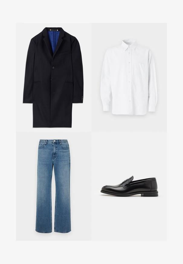 Námořnický vlněný kabát s jedním knoflíkem, klopovými límci a dvěma bočními kapsami. Obsahuje modrou podšívku a minimální švy.; Bílá košile s límečkem, s jemnými vertikálními pruhy, dlouhými rukávy, náprsní kapsou a klasickým zaobleným lemem.; Široké modré džíny vyrobené z denimu s vybledlým povrchem. Mají pět kapes, přední zapínání na knoflík a rovný střih.; Černé kožené polobotky s hladkou texturou, zaoblenou špičkou a zdobným páskem přes nárt. Nízký stohovaný podpatek, minimalistický design.