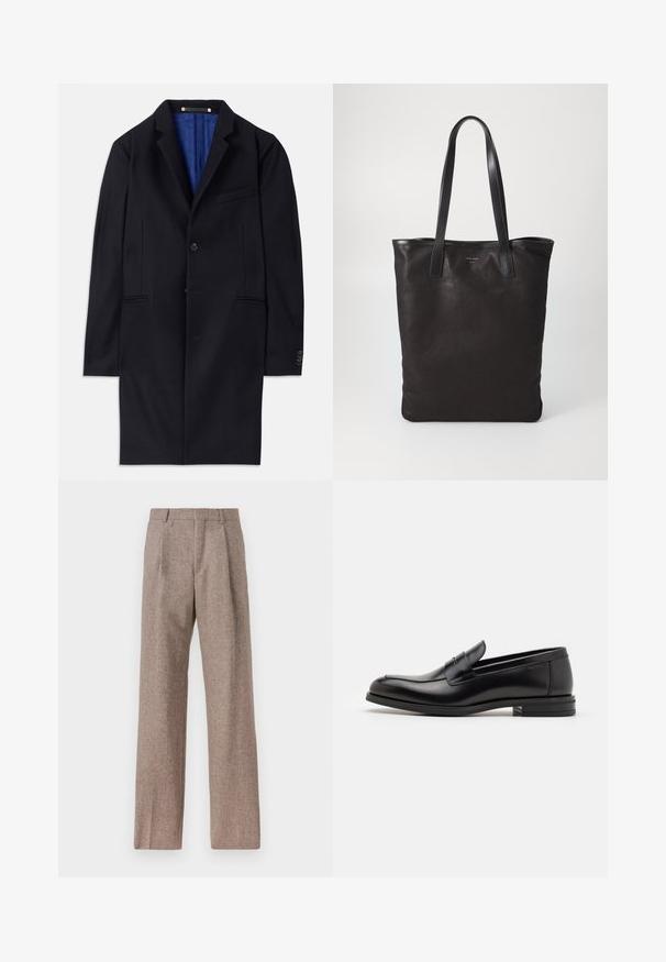 Námornícky vlnený kabát s jedným gombíkom, so špicatými klopami a dvoma bočnými vreckami. Má modrú podšívku a minimálne švy.; Biely dlhý rukáv košeľa s gombíkmi vyrobená z bavlny, s náprsného vrecka s tonálnou výšivkou, golierom a gombíkovými manžetami.; Hnedé, vysoké nohavice vyrobené z texturovanej látky. Majú široké nohavice a dva predné záhyby pre štruktúru. Úhľadné spracovanie bez viditeľného kovania.; Čierne kožené mokasíny s hladkou textúrou, zaoblenou špičkou a dekoračným pásikom cez priehlavok. Nízky vrstvený opätok, minimalistický dizajn.; Čierna plátená taška s čiernymi koženými ušami. Jednoduchý dizajn, priestranné telo a hladká textúra. Žiadne viditeľné logo ani vzory.