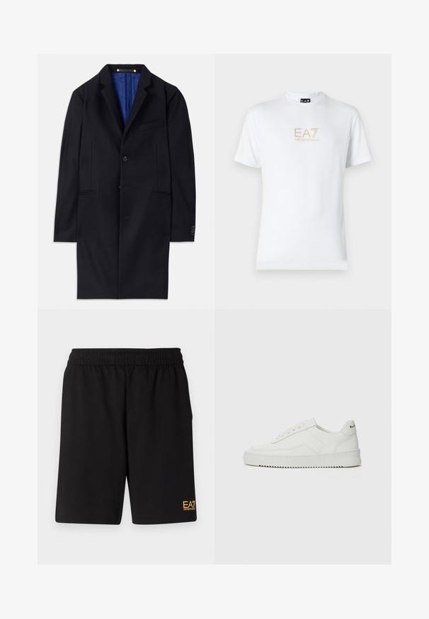 Palton din lână navy cu închidere cu un singur nasture, rever cu tăietură și două buzunare laterale. Dispune de o căptușeală interioară albastră și detalii de coasere minimaliste.; Tricou alb din bumbac, cu guler rotund și mâneci scurte, având un logo auriu EA7 Emporio Armani imprimat pe față.; Shorts atletici negri dintr-un material moale, având o talie elastică și un mic logo galben EA7 pe partea inferioară a piciorului stâng.; Sneakers din piele albă cu un finisaj neted, vârf rotund, șireturi plate și o talpă texturată. Prezintă un logo subtil pe călcâi.