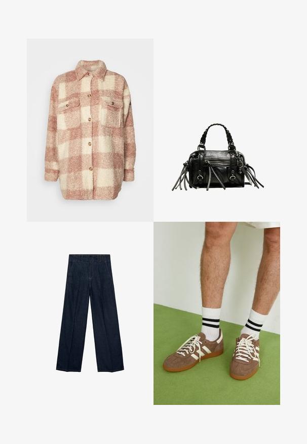 Veste à carreaux en tissu doux et pelucheux. Couleurs rose clair et crème avec deux poches poitrine et des fermetures à boutons. Silhouette oversize.; Débardeur en coton blanc avec un décolleté arrondi, sans manches et ajusté. Texture lisse, design uni et détails de couture minimaux.; Jean large bleu marine avec taille haute, plis et design classique à cinq poches, en tissu denim avec des accents de couture subtils.; Baskets en daim marron avec des accents et des lacets blancs. Semelle en caoutchouc gomme. Portées avec des chaussettes blanches à rayures noires. Sol texturé vert.; Sac à main en cuir noir avec poignées tressées, surface texturée, poche frontale zippée et accents de franges décoratives. Forme compacte et structurée.