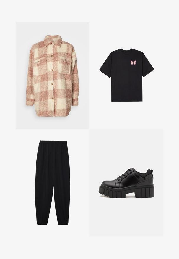 Camisa de xadrez em tecido suave e felpudo. Cores rosa claro e creme, com dois bolsos no peito e fechos de botão. Corte oversized.; T-shirt de algodão preto com mangas curtas, apresentando um pequeno gráfico de borboleta rosa no lado esquerdo do peito. Design de gola redonda com um corte solto.; Calças pretas, leves, com um cinto elástico e punhos franzidos. O tecido é suave e apresenta um design relaxado e afunilado.; Sapatos de plataforma em couro preto com um salto bloco robusto, bico redondo e design clássico de atacadores. Apresentam uma textura suave e detalhes mínimos.