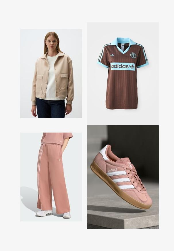 Beige jacket with a collared design, two front pockets, snap buttons, and ribbed cuffs; worn over a white shirt and dark jeans.; Brown athletic jersey featuring a light blue collar and striped accents. "Adidas" logo prominently displayed across the chest.; Pink wide-leg sweatpants made of soft fabric, featuring white side stripes and an embroidered logo on the left hip.; Pink suede sneaker with white stripes, rubber gum sole, textured upper, and logo on tongue. Classic low-top design.