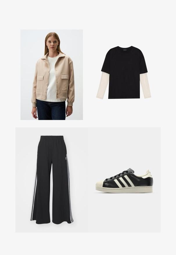 Beige jas met een kraagontwerp, twee voorzakken, drukknoopsluitingen en geribbelde manchetten; gedragen over een wit shirt en donkere jeans.; Zwarte T-shirt van katoen, met korte mouwen over een witte lange mouw laag met een subtiel textuurpatroon. Ronde hals ontwerp.; Zwarte wijde sweatpants met een elastische tailleband, met witte zijstrepen en een geborduurd logo op de linker dij.; Zwarte leren sneaker met witte strepen, rubberen teenbescherming, zwarte veters en een crèmekleurige loopzool. Glad oppervlak met een glanzende afwerking.