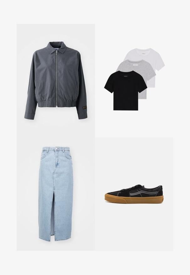 Hallide ruuduline bomberjakk, kerge kangas, tõmbluku sulgemine, krae, elastne äär, küljetaskud ja kontrastne logo detail varrukal.; Kollektsioon kolm lühikese varrukaga T-särki mustas, hallis ja valges värvitoonis. Valmistatud puuvillast, ümmarguse kaelusega ja lihtsa, ühevärvilise disainiga.; Heledad sinine teksaseelik, millel on ees lõhk, vöörihmade aukud ja klassikaline viie tasku disain. Sile tekstuur ja puhas viimistlus.; Mustad sametist sneakerid valgete õmbluste ja allkirja küljeribaga, tan värvi kummitald ja madal disain. Mustade paeltega seotud.