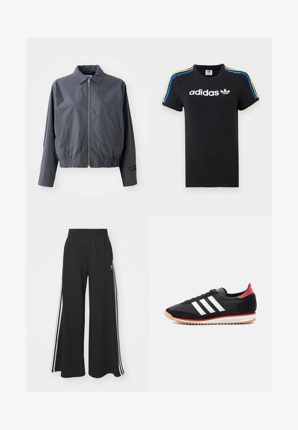 Hallide ruuduline bomberjakk, kerge kangas, tõmbluku sulgemine, krae, elastne äär, küljetaskud ja kontrastne logo detail varrukal.; Musthave mustalast T-särk, millel on üleskeeratud varrukad; esiküljel on valge Adidas logo ja õlavartel multivärvilised triibud (sinine, kollane ja punane).; Mustad laiad trenni püksid elastse vöökohtaga, millel on valged küljeribad ja tikitud logo vasakul reiel.; Mustad spordijalats valgete triipude, seemisnahast detailide ja punase kannaga. Võrgutekstuuriga ja kummist tallaosaga, millel on helepruun muster.