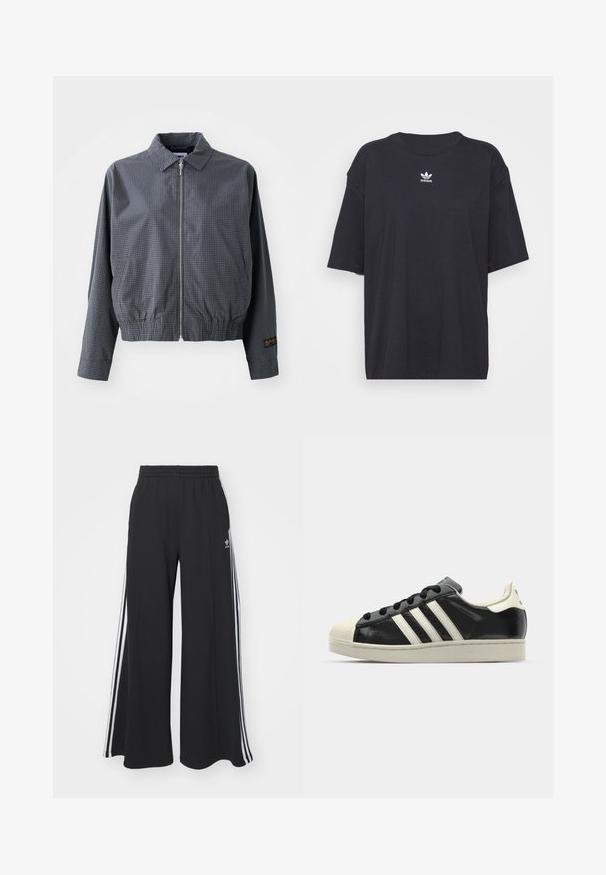 Jacket bomber cinza xadrez, tecido leve, fecho de zip, colarinho, bainha elástica, bolsos laterais e detalhe de logotipo em contraste na manga.; T-shirt de algodão preto com mangas curtas, decote arredondado, apresenta um logótipo branco da Adidas no peito. Design simples, ajuste descontraído.; Calças de suor largas e pretas com uma cintura elástica, apresentando riscas brancas nas laterais e um logótipo bordado na coxa esquerda.; Sapatilha de couro preto com riscas brancas, biqueira de borracha, atacadores pretos e sola na cor creme. Textura suave com acabamento brilhante.