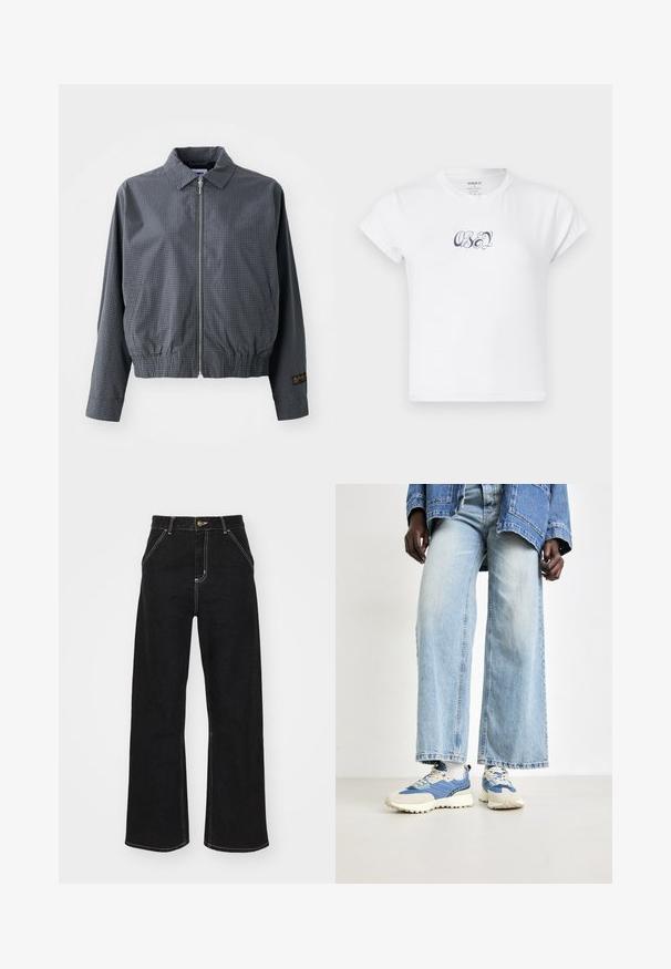Sivi karočni bomber jakna, lagana tkanina, zatvarač, ovratnik, elastični rub, bočne džepove i kontrastni logotip na rukavu.; Bjela pamučna majica s kratkim rukavima i okruglim izrezom, s tamnoplavim grafičkim tekstom "OBEY" na prednjoj strani. Glatka tekstura.; Crne široke traperice izrađene od denima, s kontrastnim bijelim šavovima i prednjim kopčanjem na dugme, s dva koso oblikovana prednja džepa.; Plave traperice širokih nogavica u kombinaciji s plavim i kremičastim tenisicama s teksturiranom tkaninom i vezicama, na neutralnoj podlozi.