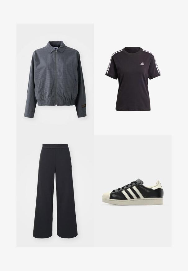 Sivá károvaná bomber bunda, ľahký materiál, zips, golier, elastický lem, bočné vrecká a kontrastný detail loga na rukáve.; Čierne bavlnené tričko s krátkym rukávom a okrúhlym výstrihom, s bielymi pruhmi na ramienkach a malým bielym logom Adidas na hrudi.; Čierne širšie tepláky vyrobené z mäkkej látky, s elastickým pásom a malým logom na ľavej strane.; Čierne kožené tenisky s bielymi pruhmi, gumenou špičkou, čiernymi šnúrkami a krémovobielou podrážkou. Hladký povrch s lesklým finišom.