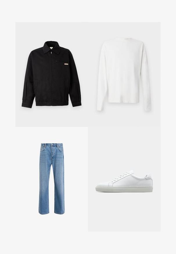 Calvin Klein Jeans JACKET - Sommerjakke - black; Langermet hvit bomullsskjorte med rund hals, sidespalter nederst og en jevn tekstur, vist fra baksiden.; Lys blå denimjeans med rett ben-design, fem lommer, knappeåpning, minimal falming og kontrasterende sømdetaljer.; Hvit sneakers med en glatt skinnoverdel og lav profil. Har en rund tå, seks snøring hull, og en teksturert gummisåle.
