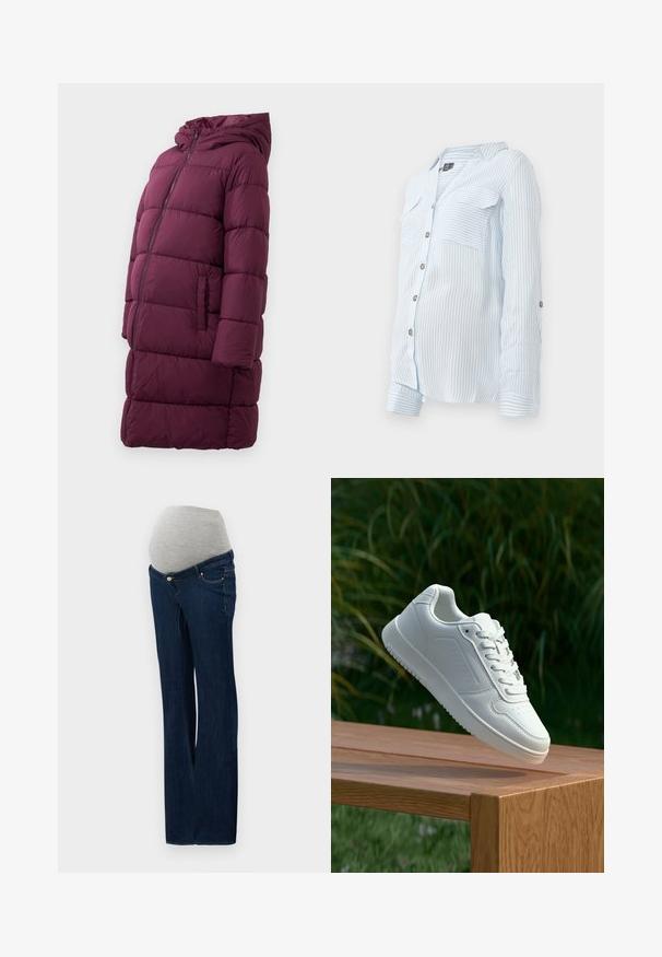 Sacou puffer burgundy cu glugă, cu închidere frontală cu fermoar și buzunare laterale, fabricat din material matlasat și rezistent la apă.; Cămașă cu dungi albastre deschise, cu butoniere și mâneci lungi, două buzunare pe piept și mâneci cu role fixate cu nasturi. Material moale, ușor.; Jeans de maternitate din denim albastru închis, cu un panou elastic gri pentru burtă, design drept pe picioare și buzunare frontale cu accente metalice.; Sneaker alb cu un upper sintetic neted, cu vârf perforat, șireturi plate și o talpă texturată, expus pe o suprafață de lemn.