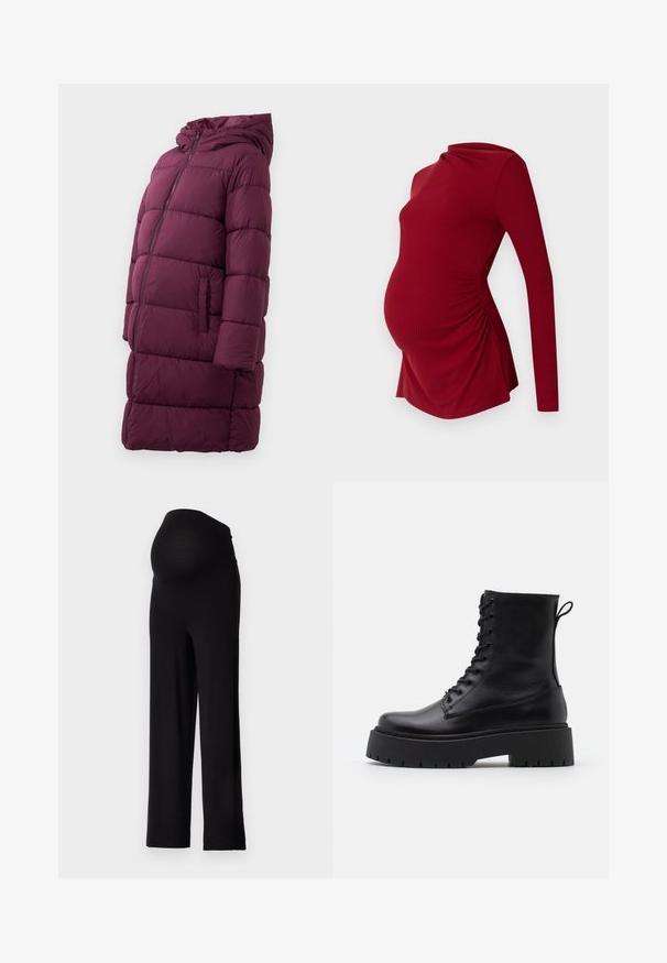 Burgundijas pufēta mētelis ar kapuci, ar priekšējo rāvējslēdzēju un sānu kabatām, izgatavots no quiltota, ūdensizturīga materiāla.; Ilgi piedurkņu sarkans grūtniecības tops ar ribotu tekstūru, ar krītošu dekoltē un sānu rušēšanu, lai pielāgotos augošai vēderam.; Melnas grūtniecības bikses ar elastīgu, cieši pieguļošu jostu un platu kāju dizainu. Izgatavotas no mīksta auduma, kas nodrošina komfortu un atbalstu.; Melni ādas potītēm zābaki ar apļveida purngalu, auklām priekšpusē un biezu gumijas zoli ar teksturētu protektoru. Velkšanas cilpa aizmugurē.