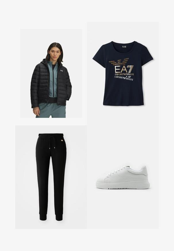 Chaqueta de plumas negra con capucha, con costuras horizontales y un logo en el lado izquierdo del pecho. Lleva una capa encima de una parte superior azul claro con cremallera.; Camiseta de manga corta en azul marino, hecha de algodón, con un logotipo gráfico en dorado metálico que incluye texto y acentos estilizados de alas de águila.; Pantalones de chándal negros ajustados con cintura con cordón y tobillos ceñidos, mostrados sobre un fondo blanco plano.; Zapatillas blancas con un upper de cuero texturizado, punta redonda y diseño de cordones. Suela de goma blanca gruesa con un patrón de agarre texturizado.