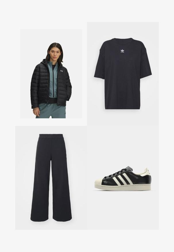 Schwarze Daunenjacke mit Kapuze, ausgestattet mit horizontalen Nähten und einem Logo auf der linken Brust. Getragen über einem hellblauen Reißverschluss-Oberteil.; Schwarzes Baumwoll-T-Shirt mit kurzen Ärmeln, rundem Halsausschnitt, mit einem weißen Adidas-Logo auf der Brust. Einfaches Design, lockere Passform.; Schwarze weite Sweatpants aus weichem Material, mit einem elastischen Taillenbund und einem kleinen Logo auf der linken Seite.; Schwarze Ledersneaker mit weißen Streifen, Gummikappe, schwarzen Schnürsenkeln und einer cremefarbenen Sohle. Glatte Textur mit glänzender Oberfläche.