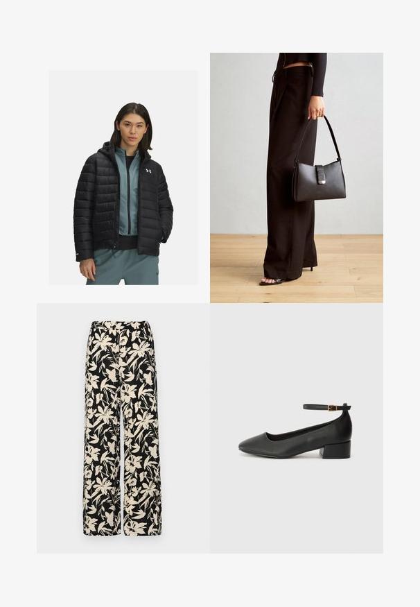 Schwarze Daunenjacke mit Kapuze, ausgestattet mit horizontalen Nähten und einem Logo auf der linken Brust. Getragen über einem hellblauen Reißverschluss-Oberteil.; Schwarzes Kurzarmoberteil aus glattem Material, mit einem Peplum-Design und einem taillierten Bund, der mit zwei runden, silberfarbenen Knöpfen ausgestattet ist.; Schwarze weit geschnittene Hose mit einem cremefarbenen Blumenmuster. Hergestellt aus leichtem Stoff, mit einer glatten Textur und einem hohen Bund.; Schwarze Lederpumps mit spitzem Zehenbereich und niedrigem Blockabsatz. Mit einem Knöchelriemen und einer goldfarbenen Schnalle. Glatte Textur.; Schwarze Handtasche mit strukturierter Form, glatter Textur und einem metallischen Verschluss. Kombiniert mit weiten schwarzen Hosen und offenen Sandalen auf einem Holzboden.