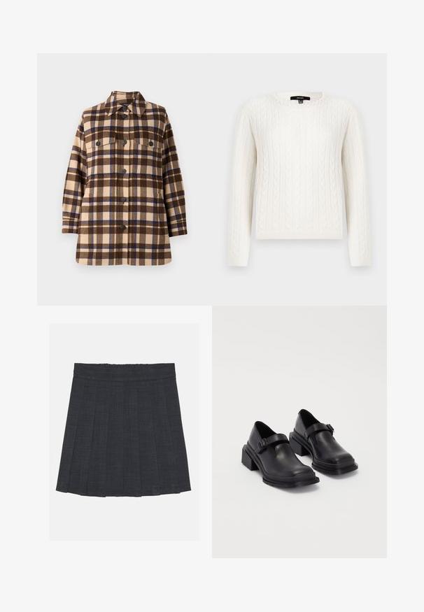 Barna és bézs kockás ingdzseki puha anyagból, gombos záródással, két mellzsebbel és klasszikus gallérformával.; Fehér, kötött pulóver, hosszú ujjal, kerek dekoltázzsal és dekoratív gyöngyös díszítéssel a galléron. Puha tapintású és testhezálló fazon.; Sötétszürke pliszírozott szoknya rugalmas derékkal, texturált anyagból, klasszikus A-vonalú sziluettel. Alkalmas mindennapi viseletre.; Fekete bőr cipők lekerekített orral, lapos talppal és csattal díszített pánttal. Masszív blokk talp a megnövelt stabilitásért.