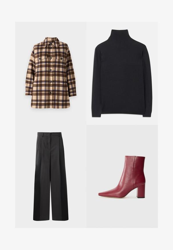 Hnedá a béžová kockovaná košeľa s kabátom vyrobená z mäkkej látky, s gombíkovým zapínaním, dvoma náprsníkovými vreckami a klasickým dizajnom goliera.; Čierny rolák z mäkkej tkaniny. Má dlhé rukávy, vysoký golier a rebrované manžety a lem pre priliehavý vzhľad.; Čierne široké nohavice s vysokým pásom, so záhybmi vpredu, hladkou textúrou a prispôsobeným strihom. Navrhnuté pre uvoľnený strih.; Burgundské kožené členkové topánky s úzkou špičkou, blokovým opätkom a hladkým povrchom, s bezšvovým dizajnom bez viditeľného hardvéru.