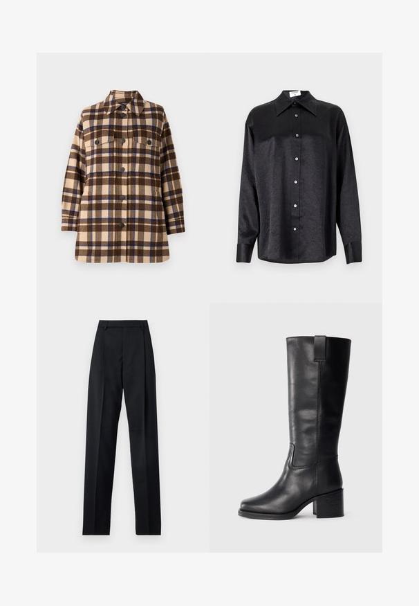 Brūnas un beidzs šķērsmojuma krekla jaka, izgatavota no mīkstas auduma, ar pogu aizdari, divām krūšu kabatām un klasisku apkakles dizainu.; Melnas garām piedurknēm krekls ar apdari, kas piedāvā samocītu tekstūru, pilnu pogu priekšpusi un aproces. Izgatavots no gludas auduma.; Melnas bikses, izgatavotas no gludas auduma, ar augstu vidukli, platiem bikšu galdniekiem, priekšējiem krokām un klasiskām jostu cilpām. Sānu kabatas nav redzamas.; Melnas ādas augstas līdz ceļgaliem zābaki ar gludu tekstūru, kvadrātveida purngaliem, blokveida papēdi un sānu cilpu, ar minimālām šuvju detaļām.