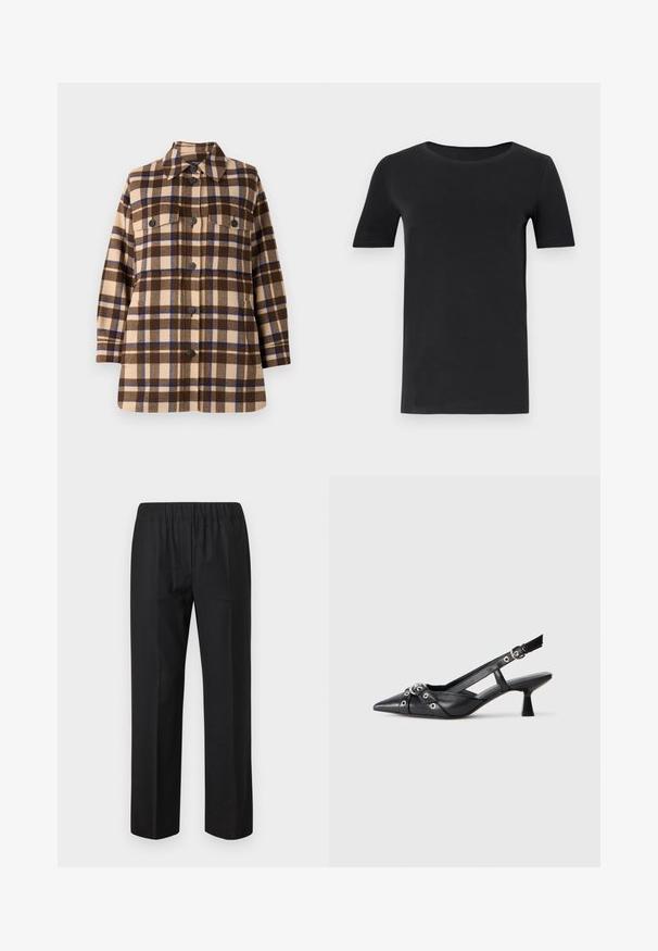 Giacca camicia a quadri marrone e beige realizzata in tessuto morbido, con chiusura a bottoni, due tasche sul petto e un design del colletto classico.; T-shirt nera a maniche corte realizzata in cotone morbido, con scollatura rotonda e vestibilità classica. Texture liscia, senza fantasie o decorazioni.; Pantaloni neri con cintura elastica, design a gamba dritta e senza tasche visibili. Tessuto liscio con finitura opaca.; Scarpa slingback nera in pelle con punta affusolata, cinturini decorativi con occhielli metallici e tacco basso a blocco. Superficie testurizzata.