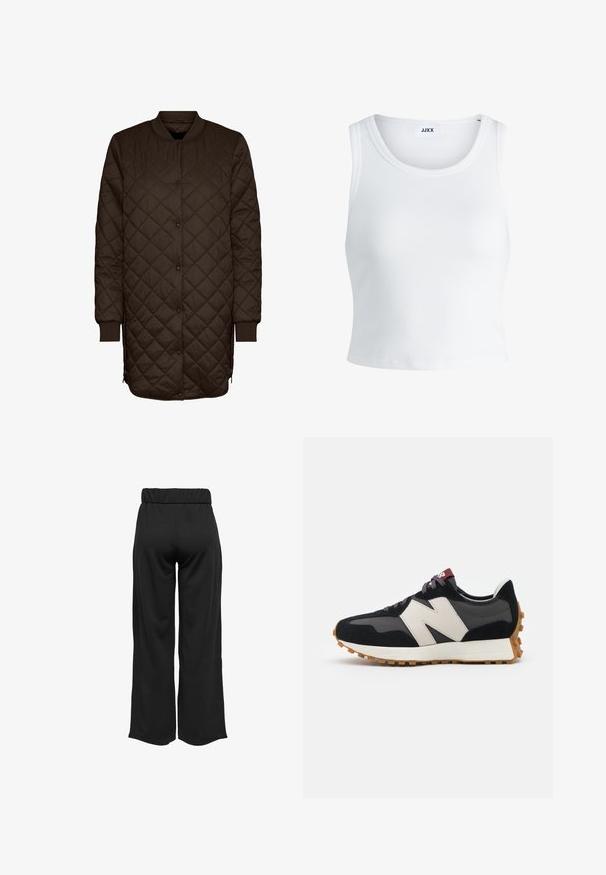 Vero Moda TRANSITIONAL JACKET - Light jacket - coffee bean; White ribbed tank top featuring a round neckline, sleeveless design, and a cropped length. Label reads "JJXX." Smooth fabric texture.; Black, wide-leg pants with an elastic waistband, made from smooth fabric. Features a clean design with no pockets or visible stitching details.; Black and gray suede sneaker with a large cream-colored "N" logo, purple laces, and a textured gum rubber outsole.