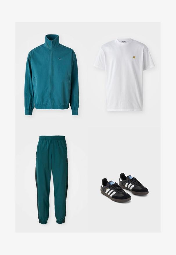 Casaco leve em teal com colarinho alto, fecho em zip, dois bolsos laterais, punhos elásticos e três riscas verticais nas mangas.; T-shirt branca de algodão com mangas curtas, decote redondo, apresentando um pequeno logótipo dourado na área do peito esquerdo. Textura macia e ajuste regular.; Calças de treino em teal com cintura ajustável por cordão, punhos elásticos e riscas pretas laterais. Fabricadas em tecido leve, apresentam um logótipo perto do quadril.; Sneakers pretos com parte superior em camurça e sintético, apresentando três riscas brancas, sola de borracha texturizada e etiqueta azul no linguete.