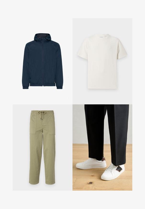 Námorně modrá bunda s kapucí, která má plný zip, elastické manžety a stahovací kapuci. Vyrobena z lehké, voděodolné tkaniny.; Bílý krátký rukáv tričko s pružnou strukturou. Kulatý výstřih, volný střih, bez viditelných vzorů nebo detailů. Jednoduchý a univerzální design.; Pantalony světle olivové barvy vyrobené z bavlněné směsi, s elastickým pasem na šnůrku a dvěma velkými bočními kapsami.; Bílé tenisky s hladkým povrchem, s hnědými koženými akcenty a černými detaily, kombinované s černými kalhotami na míru. Pozadí tvoří dřevěná podlaha.