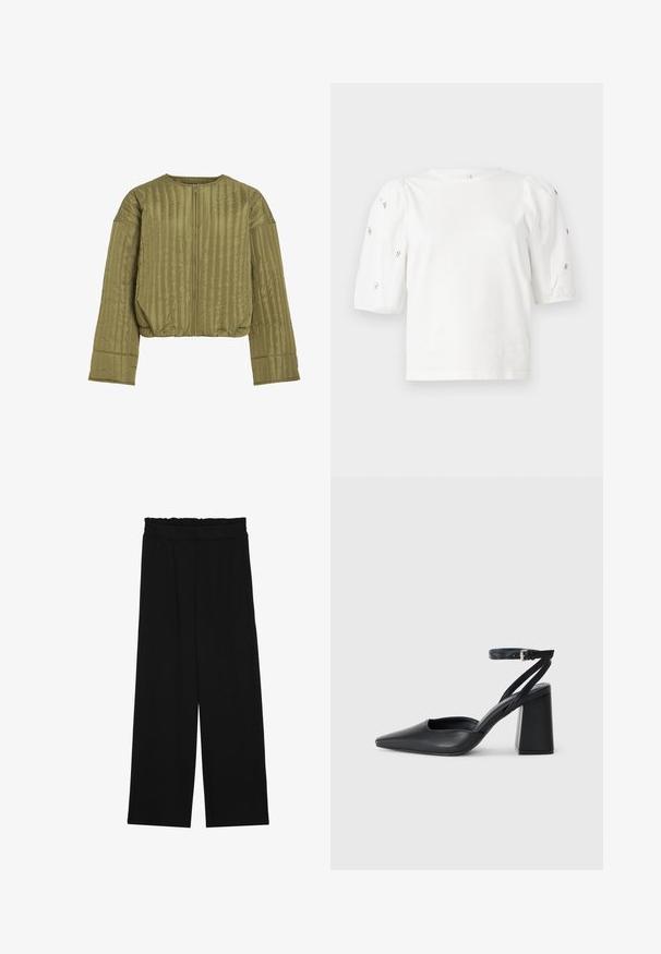 Olīvu zaļa pūkainā jaka ar rāvējslēdzēju, ribotu tekstūru, saīsinātu piegriezumu un plašām piedurknēm. Mīksts, viegls materiāls.; Balta kokvilnas t-kreklu ar īsām puff piedurknēm, ar nelieliem sudraba rotājumiem gar piedurknēm. Klasisks apaļš izgriezums, brīvā piegriezuma.; Melnas platās bikses ar volangām jostasvietā, ar divām sānu kabatām un gludu, vieglu audumu. Nav redzamu rakstu vai aksesuāru.; Melna ādas augstpapēžu kurpe ar norakstīto purngala formu, potītes siksniņu un masīlu papēdi. Gluda tekstūra, elegants dizains un minimālisma estētika.