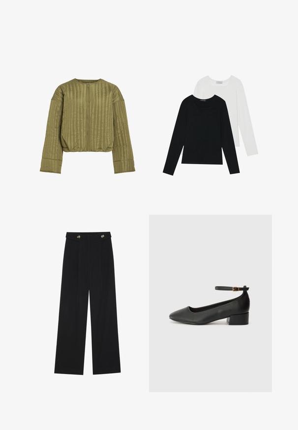 Kurtka puchowa w oliwkowym kolorze, z zapięciem na zamek, żeberkową teksturą, skróconym krojem i szerokimi rękawami. Miękki, lekki materiał.; Dwie bluzki z długim rękawem, jedna czarna i jedna biała, obie z kwadratowym dekoltem i wykonane z miękkiego, elastycznego materiału.; Czarne szerokie spodnie z wysokim stanem, z detalami w postaci guzików na pasku oraz plisami z przodu.; Czarne skórzane szpilki z ostrym noskiem i niskim słupkowym obcasem. Wyposażone w pasek na kostkę z złotym zapięciem. Gładka tekstura.