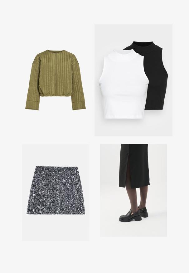 Puffer jacket in olive green, featuring a zip closure, ribbed texture, cropped fit, and wide sleeves. Soft, lightweight material.; Two sleeveless ribbed turtleneck tops in black and white, featuring a fitted design and smooth texture, with cropped length.; Silver sequined mini skirt featuring a textured pattern and a straight cut. The fabric appears shiny and reflective.; Black leather shoes with a rounded toe, thick block heel, and elastic side accents, paired with dark tights and a black skirt with a slit.
