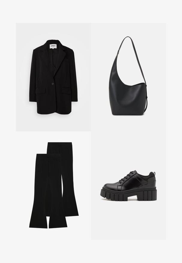 Musta bleiser pehmest kangast, millel on lõige klapp, ühe nööbiga kinn Closure kaks esimest taskut ja kohandatud lõige.; Kaks pikade varrukatega särki: üks must ja teine valge. Mõlemal on ümar kaelus, raglanvarrukad ja pehme puuvillasegu kangas.; Mustad klombid, mis on valmistatud venivast kangast, kõrge vöökoht ja siledat tekstuuri, sobiva disainiga, mis laienevad põlve kõrguselt.; Must musta platvormsussid paksu plokkninal, ümmarguse varbaga ja traditsioonilise nööridega kinnitamisega. Sussid on sileda tekstuuriga ja minimaalsete detailidega.; Mustast nahast hobo kott, millel on sile tekstuur, kumer kuju ja üks reguleeritav rihm; peal on lai avaus.