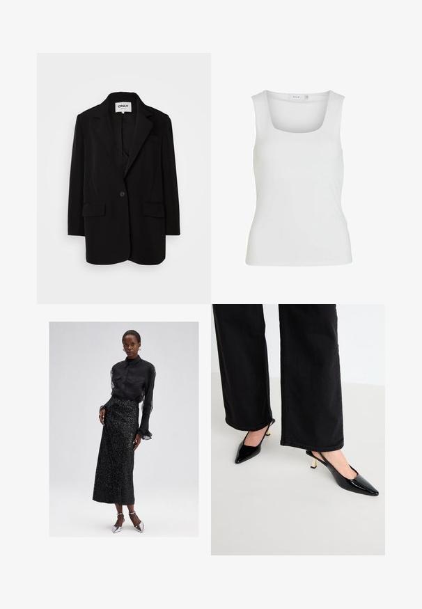 Blazer negro hecho de una tela suave, con solapas de muesca, cierre de un botón, dos bolsillos frontales y un corte ajustado.; Camiseta sin mangas blanca con escote cuadrado, textura suave y diseño ajustado. Fabricada con un tejido ligero.; Blusa negra de botones con mangas transparentes, combinada con una falda midi negra con lentejuelas y zapatos de tacón alto plateados. Diseño elegante y texturizado.; Simmi London JUNE - Tacones - black