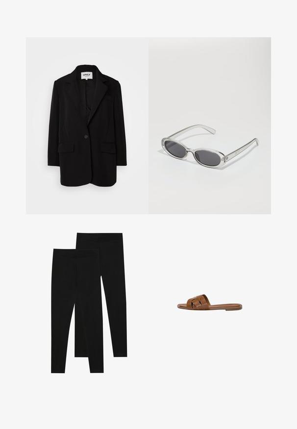Črn blazer iz mehkega blaga, ki ima zarezan ovratnik, zapiranje na en gumb, dva sprednja žepa in krojen kroj.; Bela majica bez rukavov, rebrasta tekstura, okrugli izrez, kroj koji prati tijelo, suptilno brendiranje na etiketi unutar ovratnika.; Črne legice iz raztegljive tkanine, z brezšivnim pasom in oprijetim krojem, primerne za prosti čas ali vadbo.; Rjav usnjeni natikač s prečnimi trakovi, ravnim podplatom in gladko teksturo. Preprost dizajn brez okraskov ali vzorcev.; Sončna očala ovalne oblike, prozoren plastičen okvir, temno sivi leči in tanke prozorne roke z logotipnimi akcenti in minimalnimi detajli.