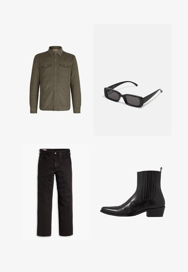 Oliwkowa kurtka z kordurowego materiału, z kołnierzem, zapinana na guziki z przodu, oraz z dwiema kieszeniami na piersi z klapkami i guzikami.; Biała, długosleeve koszula zapinana na guziki, wykonana z gładkiego materiału. Posiada klasyczny kołnierzyk, guziki z przodu oraz mankiety zapinane na jeden guzik. Slim fit.; Czarne dżinsy proste z pięcioma kieszeniami, zapięciem na guzik i paskiem, rozłożone na białym tle.; Czarne skórzane botki za kostkę z wąskim noskiem, elastycznymi bocznymi panelami, pionowymi przeszyciami i niskim słupkowym obcasem.; Czarne prostokątne okulary przeciwsłoneczne z ciemnymi szkłami, błyszczącym wykończeniem, szerokimi zausznikami i masywną konstrukcją. Wygrawerowana nazwa marki na jednym z zauszników.; Burgundzka jedwabna krawat, wąski kształt z gładką teksturą. Posiada spiczasty koniec, jednolitą kolorystykę i gładkie wykończenie.