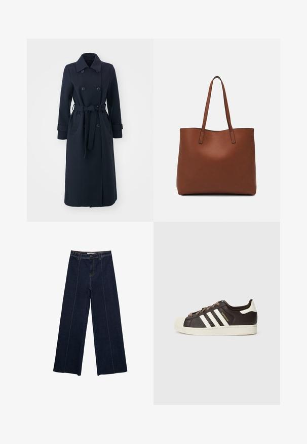 Marineblauer Trenchcoat aus Wollmischgewebe mit doppelter Knopfleiste, tailliertem Gürtel und seitlichen Taschen.; ONLY ONLAIME MOXI LONG - Hemdbluse - fossil; Weite dunkle Jeanshose mit Kontrastnähten, hoher Taille und geradem Schnitt. Verfügt über Fronttaschen und einen klassischen Knopfverschluss.; Low-Top Adidas Superstar Sneaker aus dunkelbraunem Leder mit cremefarbener Schale an der Spitze, weißen Streifen und dem Schriftzug "Superstar" an der Seite.; Braune Leder-Tote mit glatter Textur, offenem Oberteil und zwei Schulterriemen. Verfügt über minimale Nähte und keine sichtbaren Beschläge.