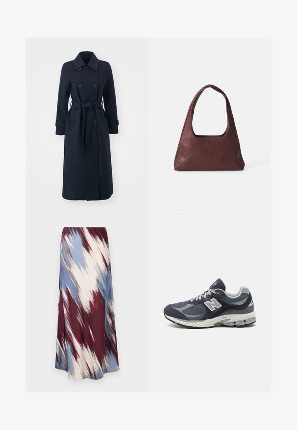 Tumedat sinine trench coat, mis on valmistatud villase segu kangast, topelt nööbistatud Front, vööga talje ja küljetaskudega.; Burgundi ja valge triibuline pikkade varrukatega polo-särk, millel on krae, kolm nööpauku ja tikitud logo rinnal.; Pikad seelik, millel on diagonaalne tie-dye muster burgundia, sinise ja kreemja värviga, valmistatud pehmest kangast, omades voolavat siluetti ja kerget sära.; New Balancei tennisetud sinise nailonvõrgu ja seemisnahaga, hallide aktsentidega, valgete logodega, pehmendatud tallaga ja tekstuursete detailidega.; Burgundia nahkkott, millel on kolmnurkne kuju, avatud ülemine osa ja palmikdetail käepideme ääres. Sile tekstuur ja matt viimistlus.