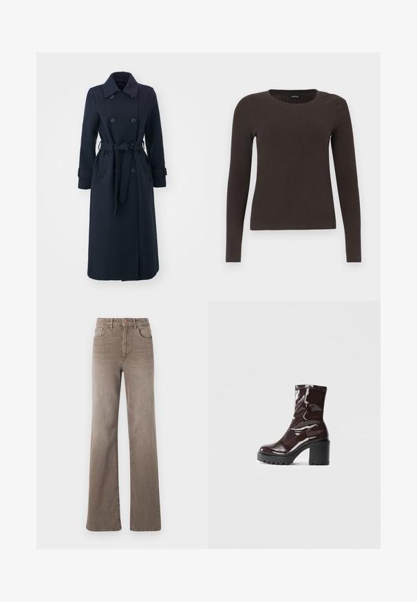 Mornarsko modra trench plašč iz mešanice wolne, z dvojno zadrgo, pasom in stranskimi žepi.; Rjav, dolgosleeve rebrasti zgornji del s krožnim izrezom. Narejen iz gladkega, raztegljivega materiala, z oprijetim silhuetom in minimalnimi detajli.; Rjavi visoki naramnice z ravnimi hlačnicami in sprednjim gumbom, z zanko za pas in klasičnim petim žepnim dizajnom na beli podlagi.; Sijajan škrlatank z bleščečim videzom, z masivnim črnim peto, ki se ponaša z gladko teksturo in preprostim dizajnom. Brez vidnih zapenjal ali vzorcev.